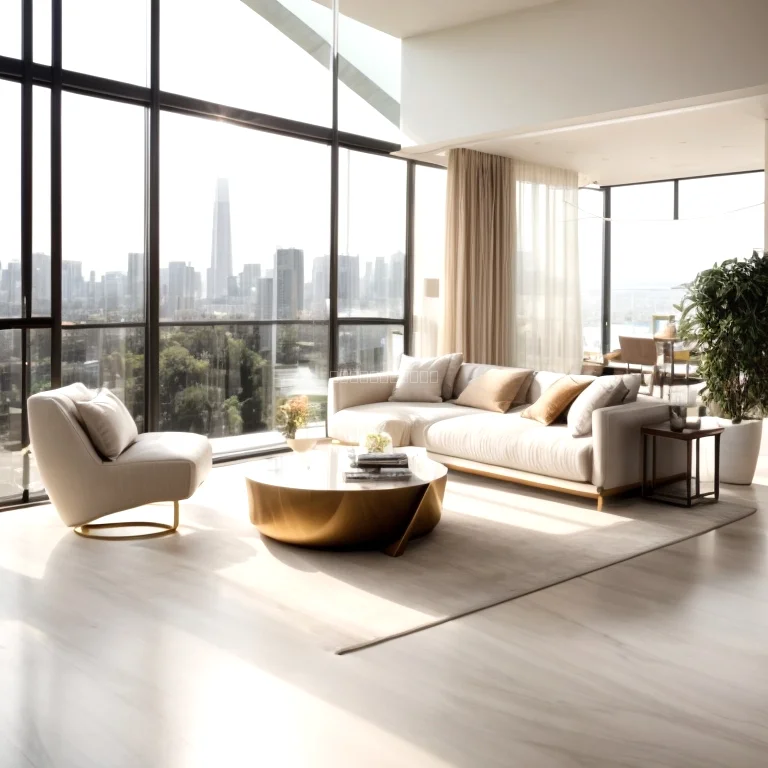 Bright luxury apartment interior with city view
